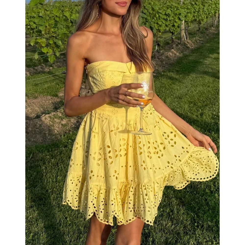 Hemant and Nandita Adya Yellow Eyelet Strapless Mini Dress Size Small NEW